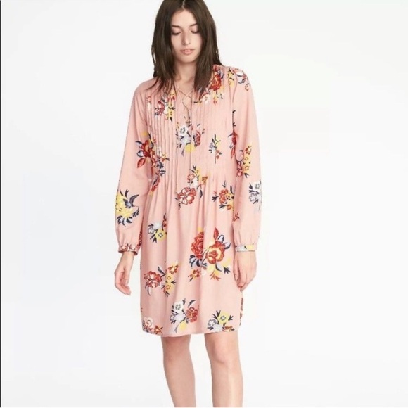 Old Navy Floral Boho Summer Mini Dress Sz XL Laced V-Neck Peach Pink Long Sleeve - Picture 1 of 9